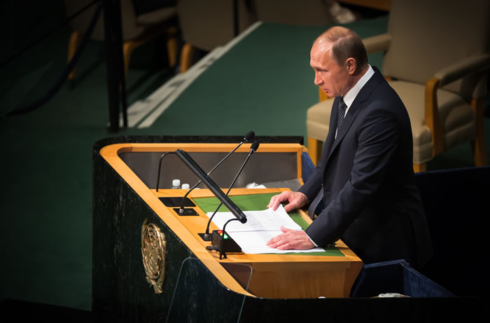 Putin en la 70ª sesión de la Asamblea General de la Organización de las Naciones Unidas en Nueva York (2015). 