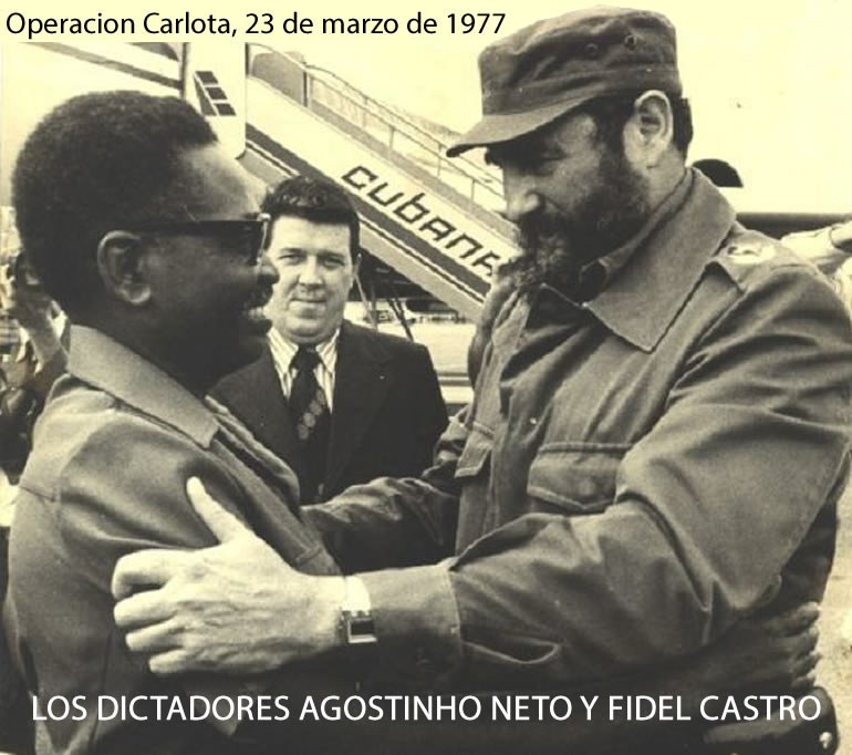 Los dictadores Antonio Agostinho Neto y Fidel Castro en Angola durante la Operacion Carlota, 23 de marzo de 1977