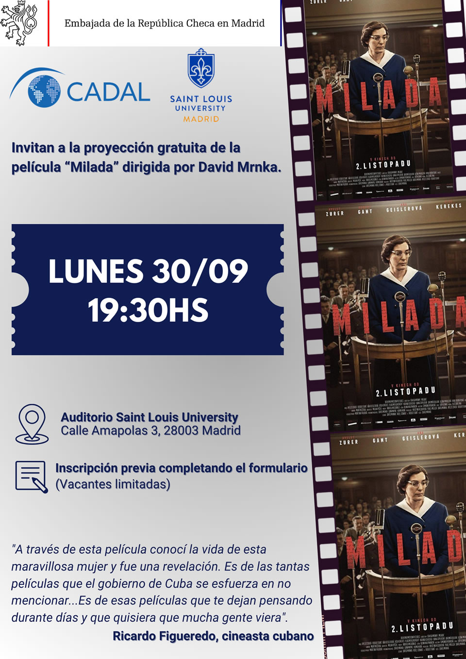 CADAL y Saint Louis University Invitan a la proyección gratuita de la película “Milada” dirigida por David Mrnka